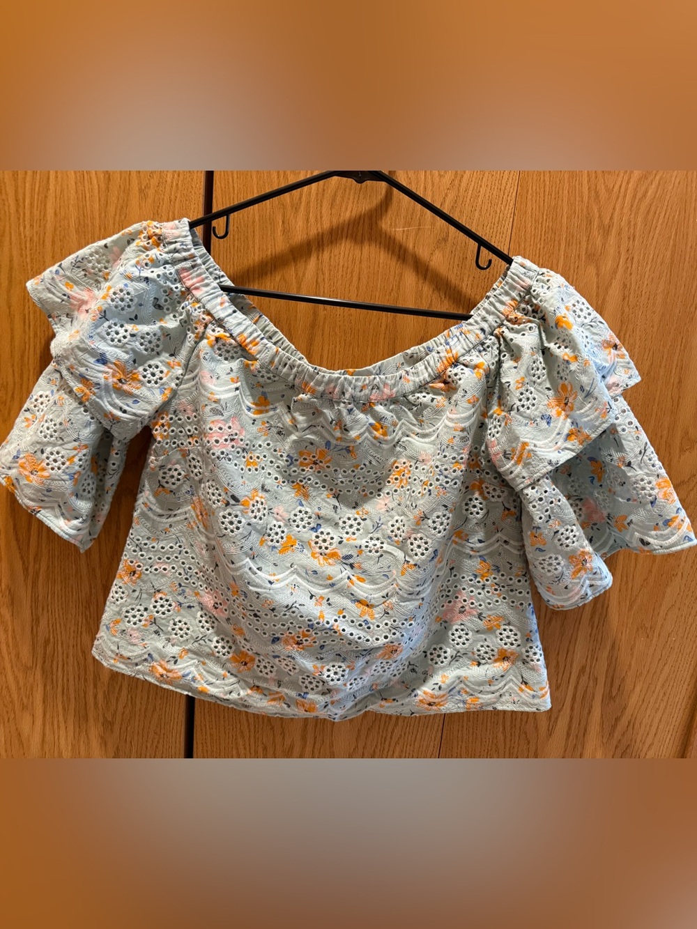 Anthropologie Laia Light Blue Floral Eyelet Off-Shoulder Women's Top
